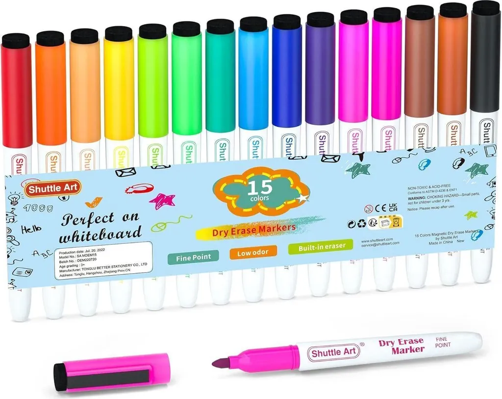 Feutres pour tableau blanc effaçables à sec avec gomme, lot de 15 coloris