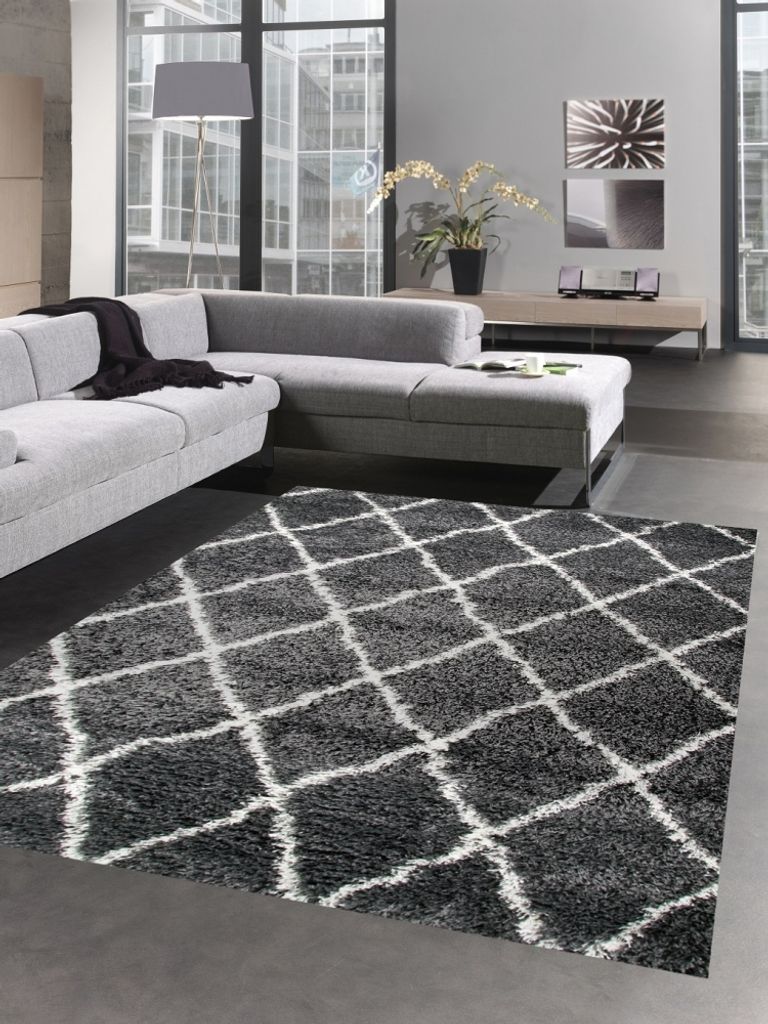 Shaggy Teppich Wohnzimmerteppich Hochflor Langflor Rauten grau creme Größe - 200 x 290 cm