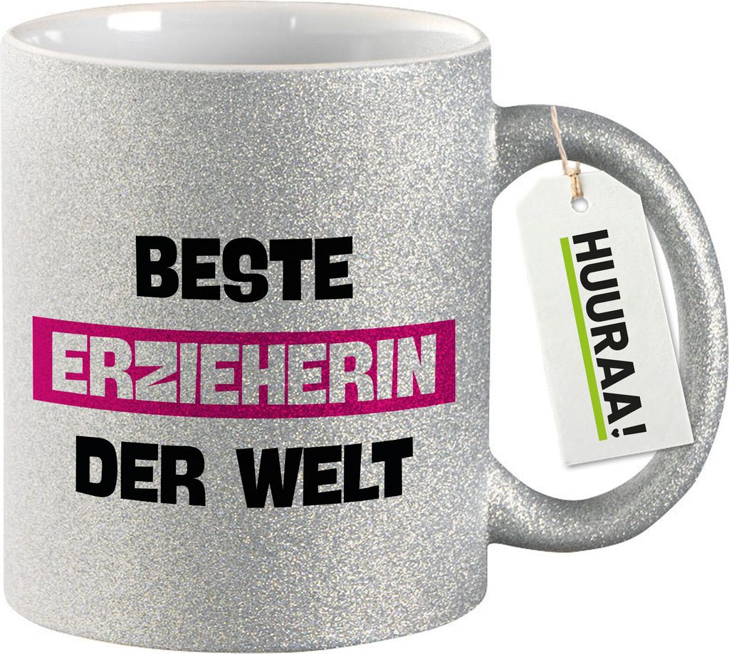 Huuraa Glitzertasse Beste Erzieherin der Welt 330ml Silber Keramik Kaffeebecher Geschenkidee