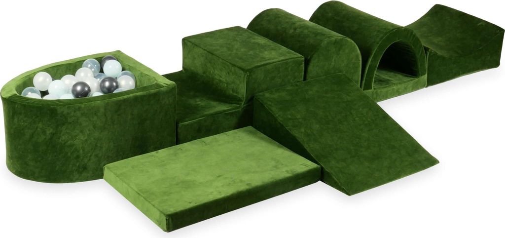 Der größte Schaumstoff-Spielplatz mit Pool Micro Velvet Soft Olive + 100 Bälle: transparent, mint, metallic graphit, opaleszierend