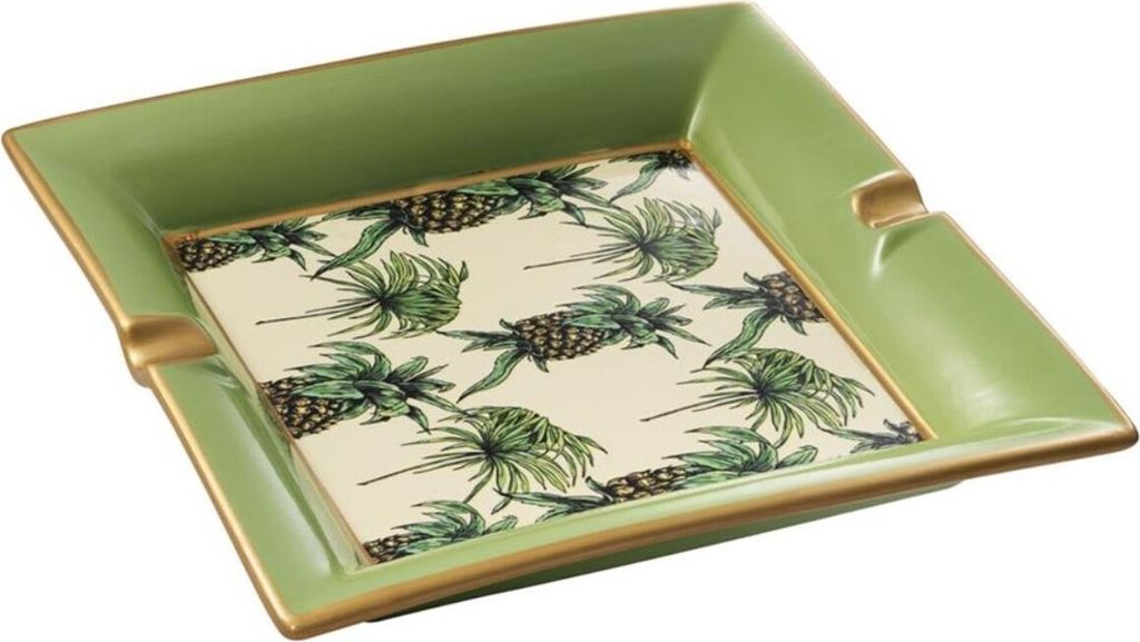 Casa Padrino Luxus Porzellan Aschenbecher Ananas Design Grün / Mehrfarbig 24,5 x 24,5 x H. 4 cm - Wohnzimmer Accessoires