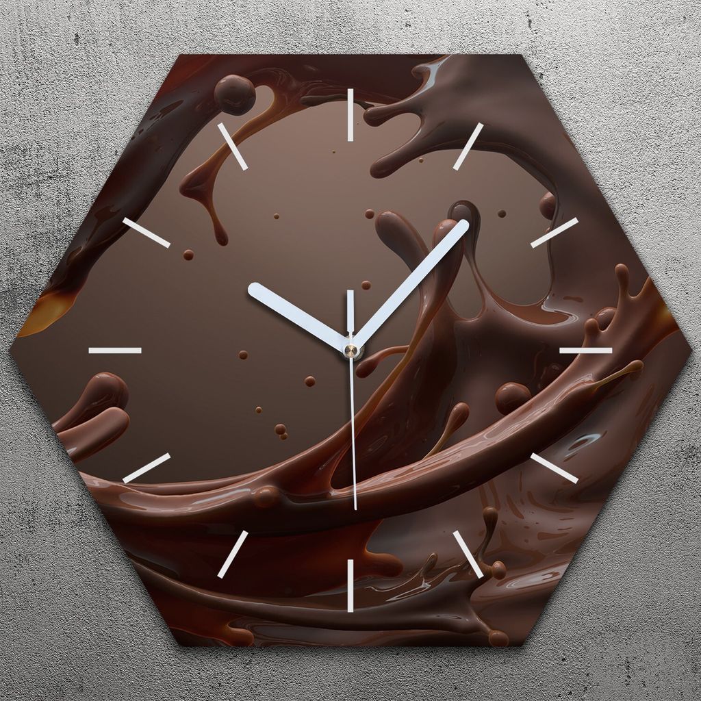 Uhr hexagonal 40 cm Glas Geräuschlos weiße Zeiger - brauner Kaffee