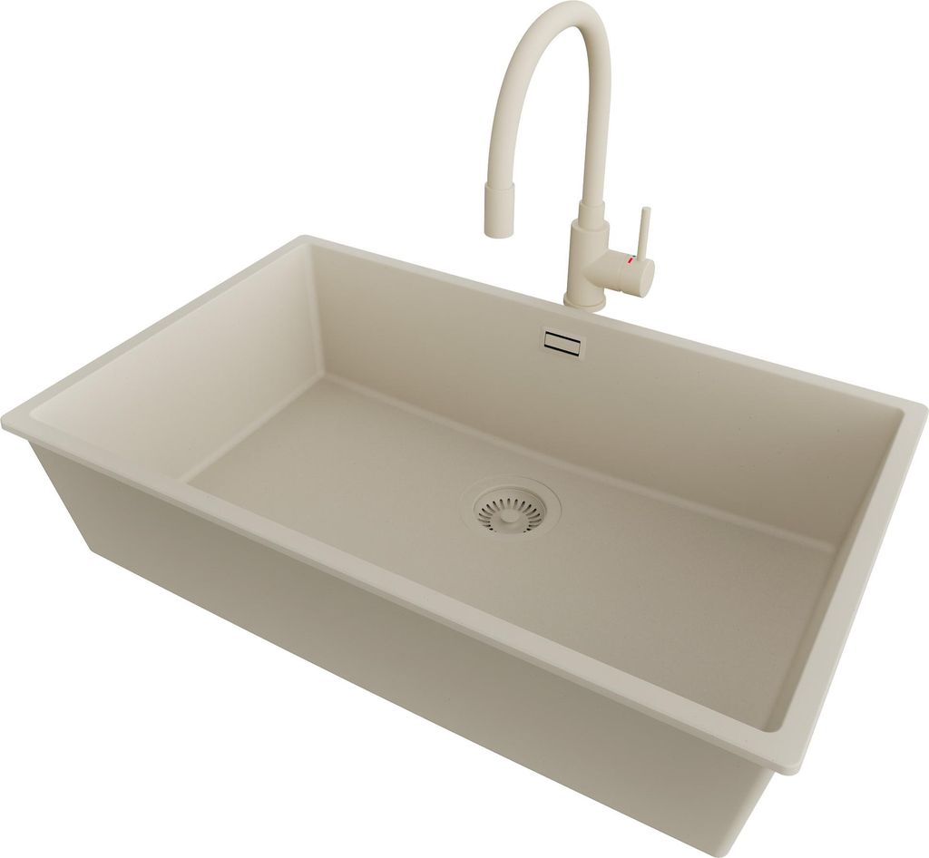 PRIMAGRAN Granitspüle Beige 76x47cm, Spülbecken 1 Becken + Küchenarmatur 38x14cm + Ablauf-Set, Küchenspüle ab 80er Unterschrank - London Slim