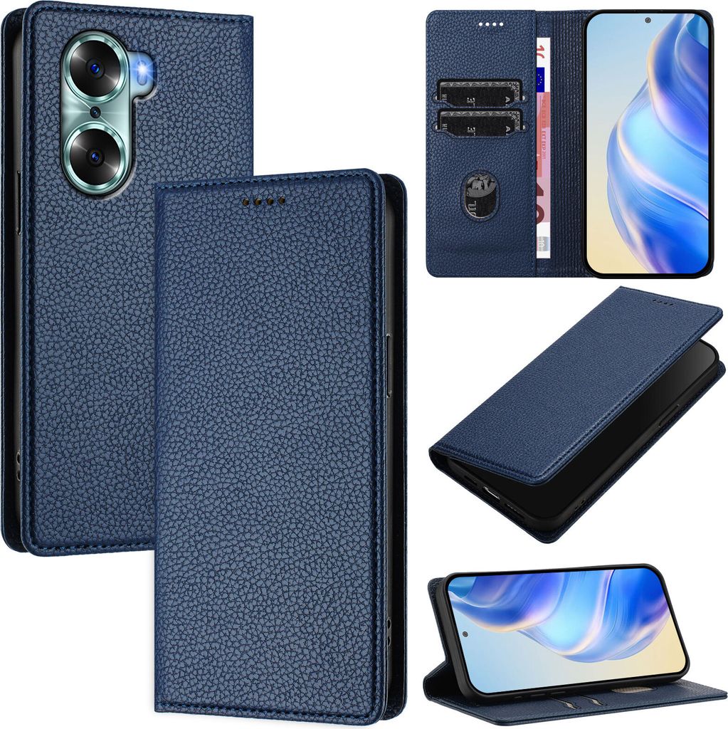 Litchi Leder Handyhülle für Honor 60 Wallet Kartenfächer Standfunktion Hülle Blau