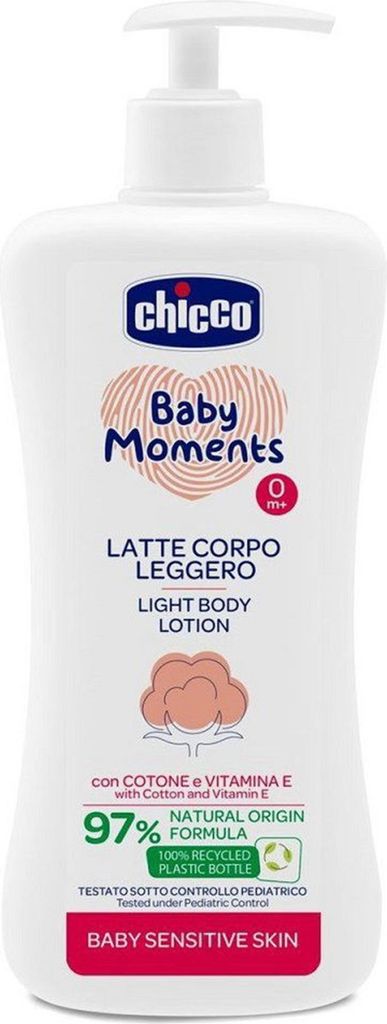 A white pump bottle of Chicco Baby Moments Light Body Lotion.