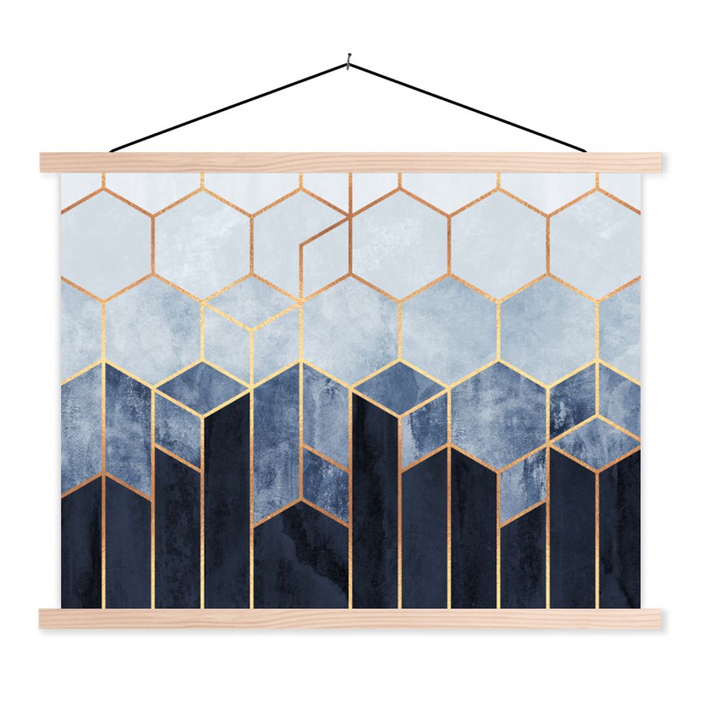 MuchoWow Textilposter Sechseck - Gold - Schablonen 120x90 cm mit holzfarbenen Rahmen - Magnetisch