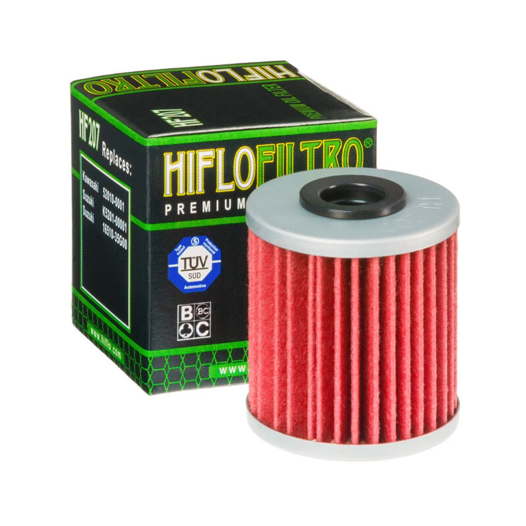 A Hiflofiltro oil filter and its packaging are shown against a white background.