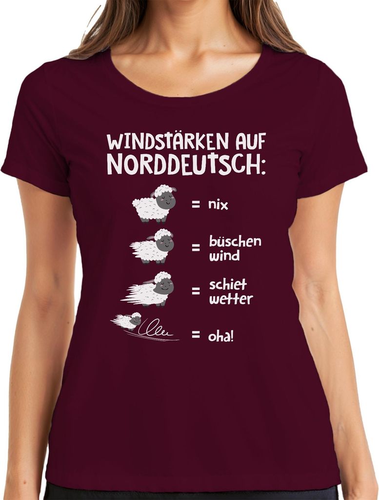 Windstärken Norddeutsch Schietwetter Schafe Plattdeutsch Spruch Damen T-Shirt, Burgundy, XXL