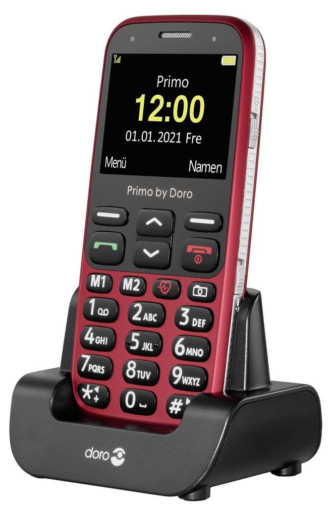 A red Doro Primo 368 mobile phone is shown in its charging dock against a white background.