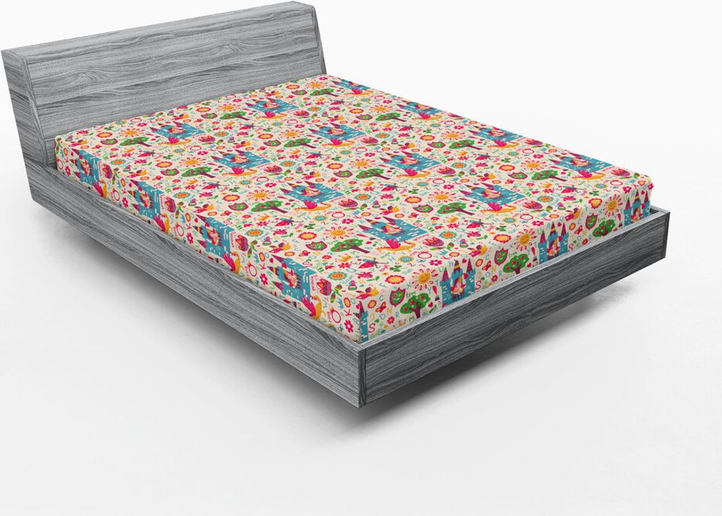 ABAKUHAUS Kindergarten Spannbetttuch, Fairytale Theme Cartoon Fantasy Dragon Prinzessin auf Schloss Blumen Sonne und Wörter, 90 x 190 cm, Mehrfarbig