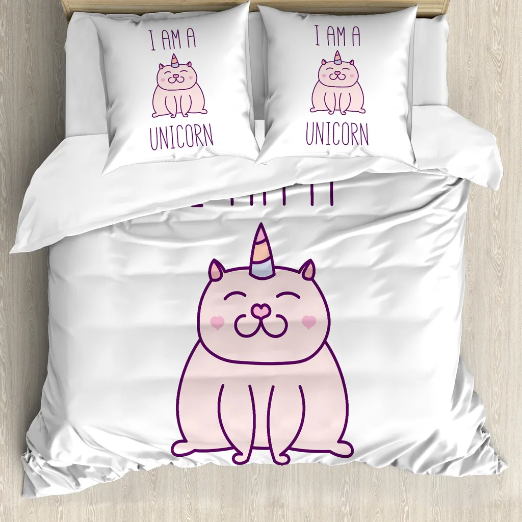 Housse de couette anti-acariens licorne chat 155x220 cm pour allergiques