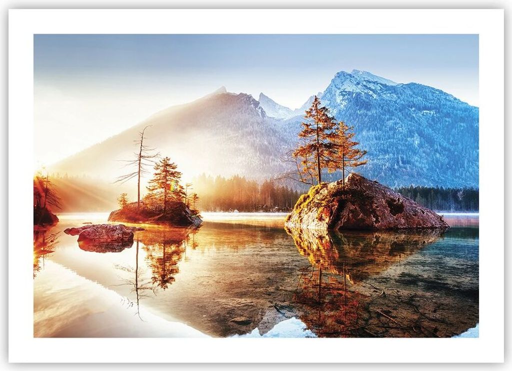 Poster - Poster ohne Rahmen - Morgendämmerung Berge See - 70x50 cm - Wand Bild - Wanddeko - Wandbilder - Kunstposter - Wandposter - Bilder - Kunst...