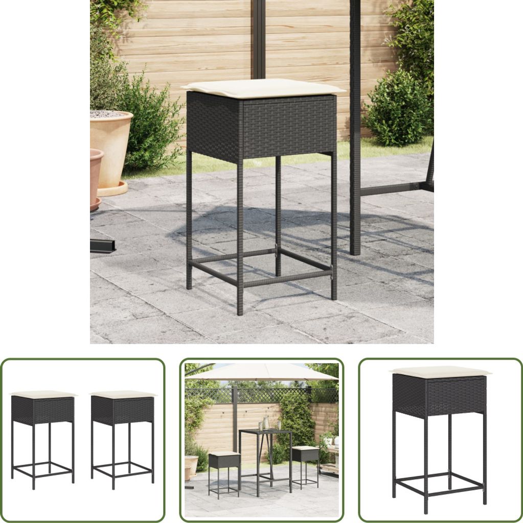 The Living Store Garten-Barhocker mit Kissen 2 Stk. Schwarz Poly Rattan