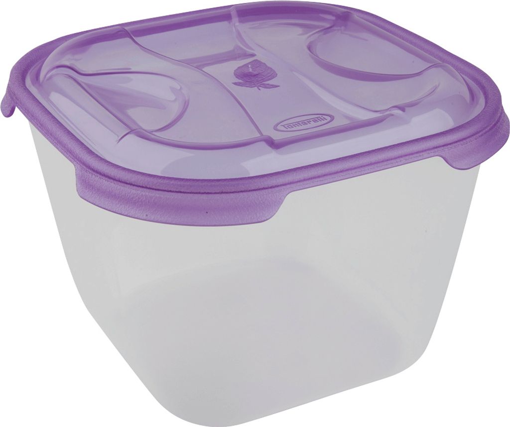 A square food storage container with a purple lid.