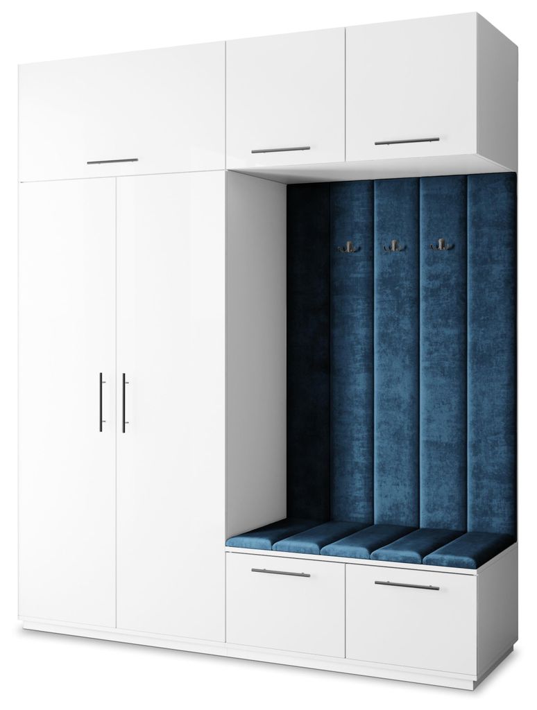 Masseno Garderobe-Set REMA 200/240/60 cm Modern Garderobenschrank Weiß, Veloursstoff MONOLITH 77 (Blau)