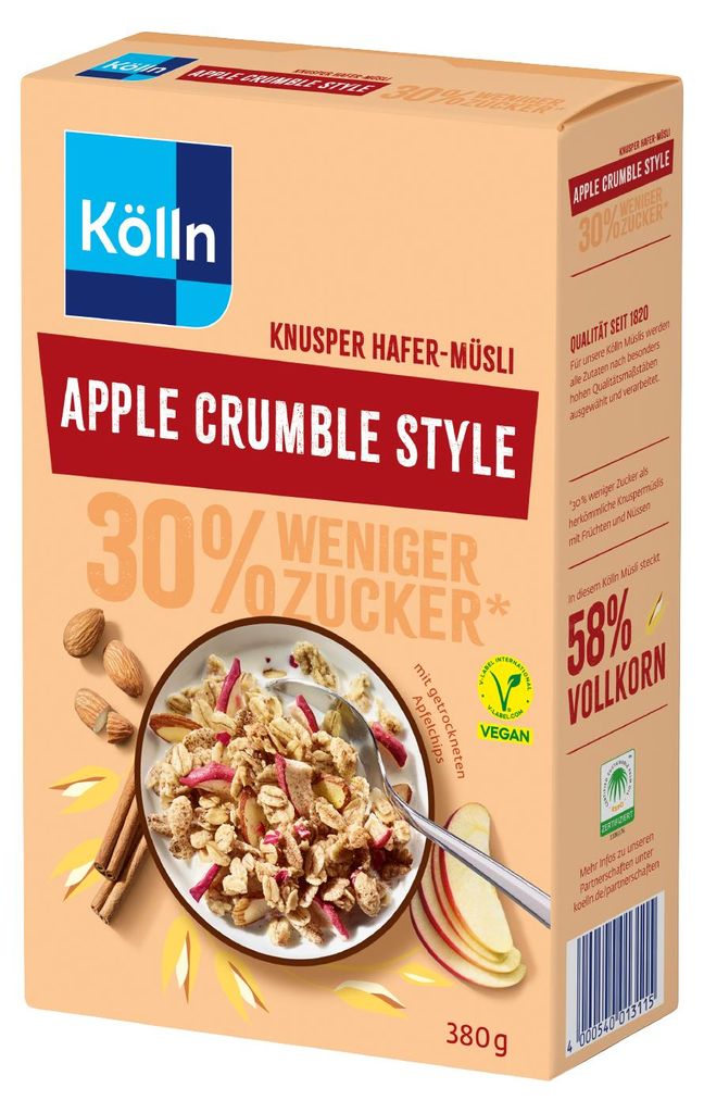 Kölln Müsli, knapperige appel crumble-smaak, 30% suiker, Productafbeelding 