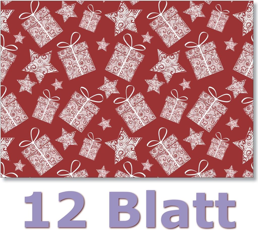 12 Blatt - Geschenkpapier schönes Motiv mit vielen Geschenken und Sterne, Farbe rot, Format DIN B1 ( 1000 x 700 mm ) ideal als Verpackung nicht nu...