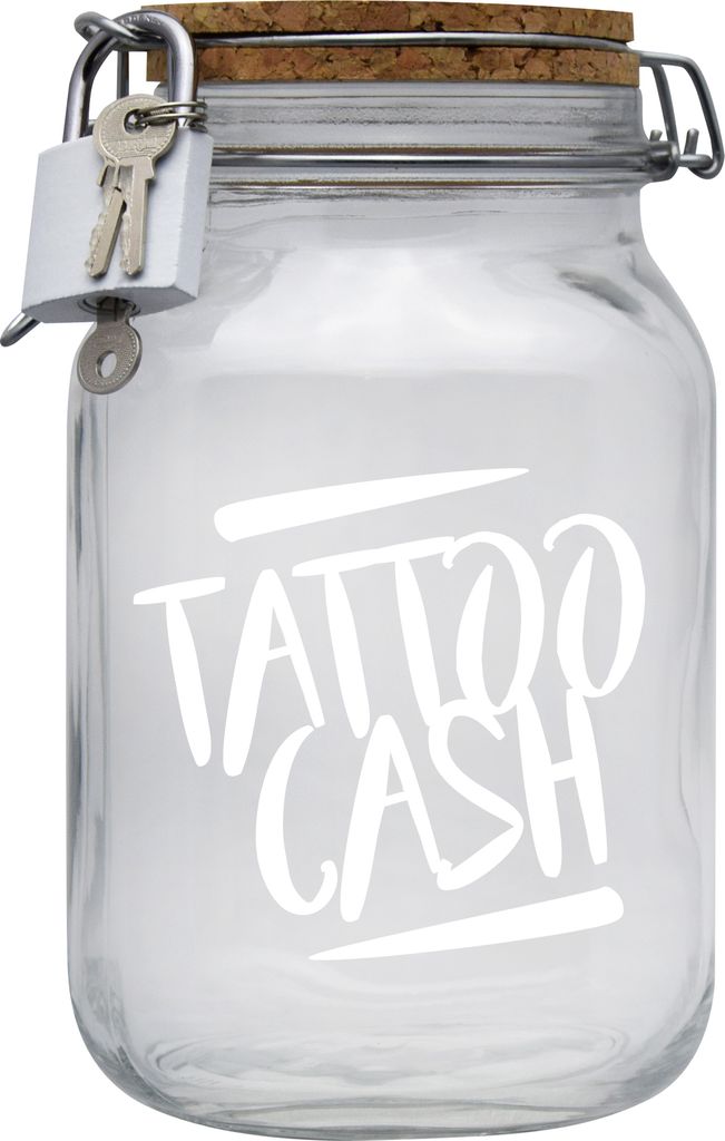 Spardose Geld Geschenk Ideen Tattoo Cash Transparent Weiss Größe XL 2 Liter