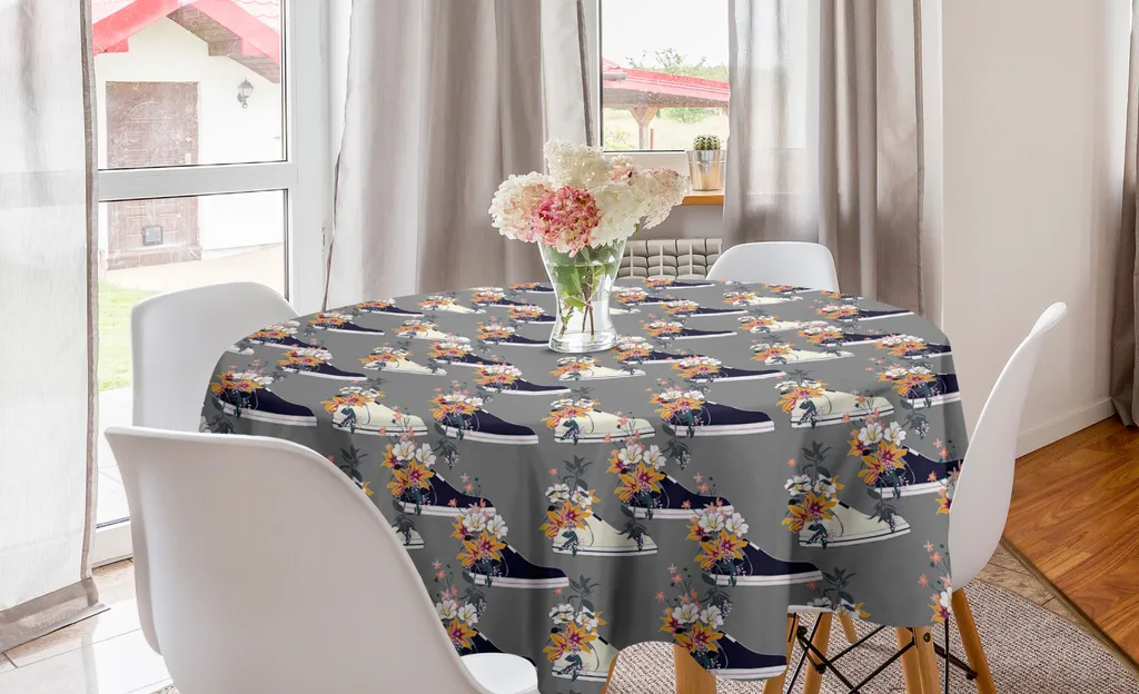 ABAKUHAUS Tovaglia rotonda con motivi floreali, scarpe da ginnastica con fiori, tovaglia circolare per sala da pranzo e cucina, 150 cm, indaco grigio avorio