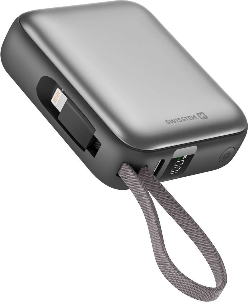 Swissten, Externer Akku 10000mAh mit USB-C- und Lightning-Kabel Ultra-Kompakt, Silber