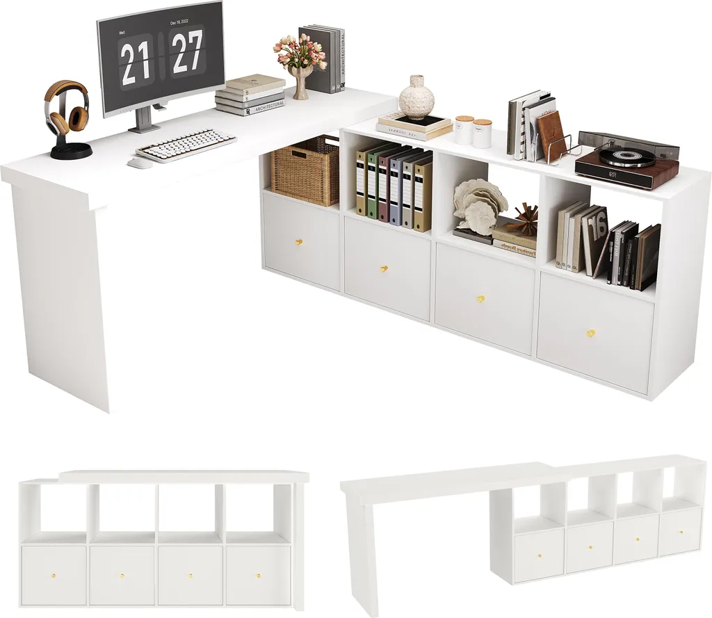 Bureau d'angle AIORBER pivotant 360° en blanc avec 4 tiroirs en MDF