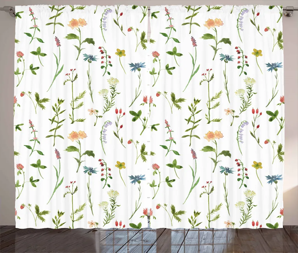 ABAKUHAUS Tenda rustica con fiori, acquerelli Herb Flowers, tenda con passanti e ganci per camera da letto, 280 x 245 cm, multicolore