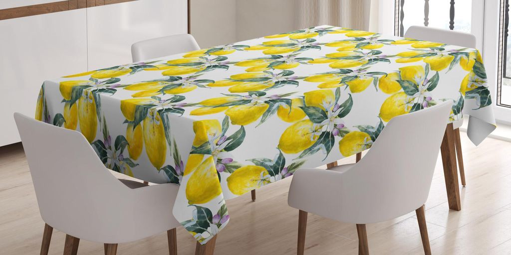 ABAKUHAUS Natur Tischdecke, Zitronen Blumen inspirierende Sommersaison Früchte Mutter Erde Boho Muster, 140 x 200 cm, Reseda Grün Gelb