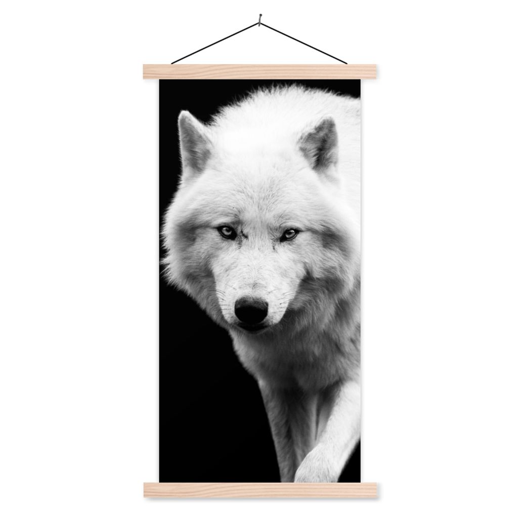 MuchoWow Textilposter Wolf - Tier - Schwarz - Weiß 60x120 cm mit holzfarbenen Rahmen - Holz