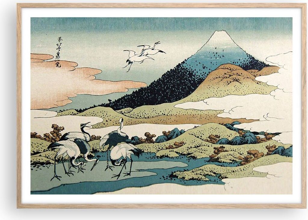 Gerahmtes Poster - Rahmen in heller Eiche - Japan Kraniche Bild - 100x70 cm - Wand Bild - Wanddeko - Wandbilder - Kunstposter - Wandposter - Bilder...