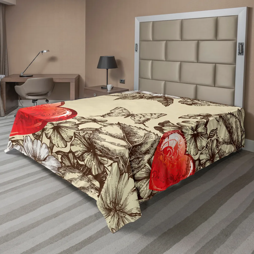 Drap plat doux motif fleurs et papillons vintage rouge et beige 1p