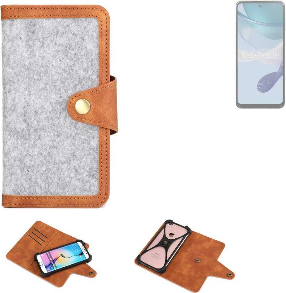 K-S-Trade Handyhülle kompatibel mit Motorola Moto G53j 5G Schutzhülle Filz-Hülle Kunst-Leder hellgrau braun (1x)