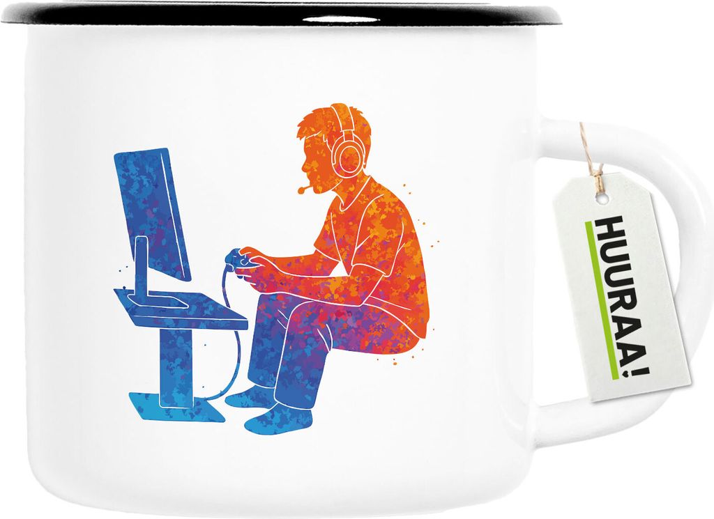 Huuraa Emaille Tasse Gaming bunte Silhouette 300ml Vintage Campingbecher Geschenkidee