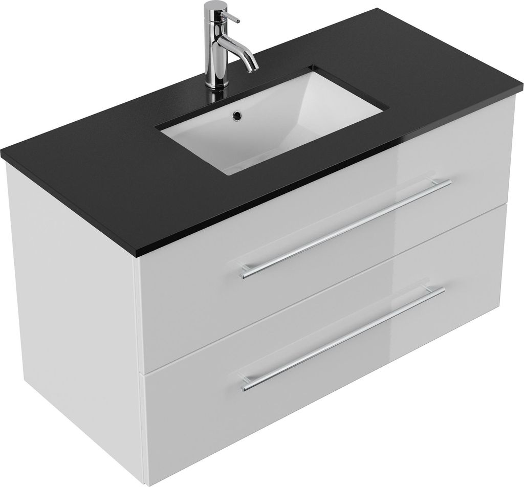 Badmöbel Ely 100 schwarzes Quarz SoftClose weiss hochglanz : Weiss hochglanz / Quarz schwarz Varianten: Weiss hochglanz / Quarz schwarz