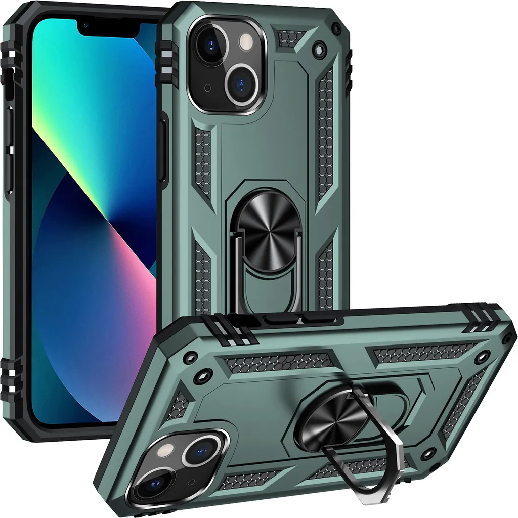 Custodia per Custodia per iPhone 13 a doppio strato robusta, protezione militare con supporto ad anello e supporto verde
