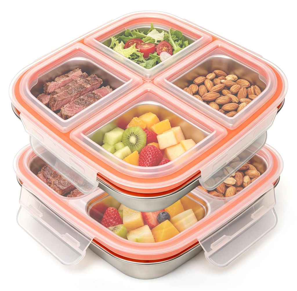 2-teiliges Snackbox-Set mit Fächern, Edelstahl, Lunchbox für Kinder und Erwachsene, auslaufsichere Lunchbox mit Deckel für Schule, Arbeit und Ca...