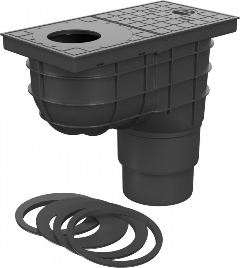 A black plastic drainpipe fitting with a grate on top and several black rings in the foreground, set against a white background.