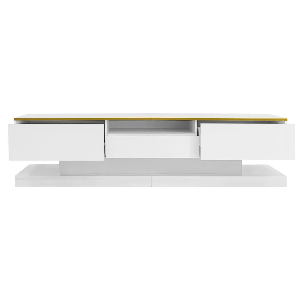 Moderner TV-Schrank(Weiss,180*38*45cm)mit drei Schubladen und einem offenen Fach - Hochglanz mit farbwechselnden LED-Leuchten