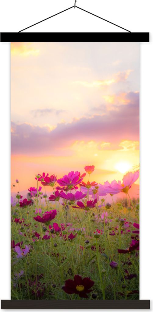 MuchoWow Textilposter Sonnenuntergang - Blumen - Rosa - Natur - Grün 60x120 cm mit schwarzem Rahmen - Magnete