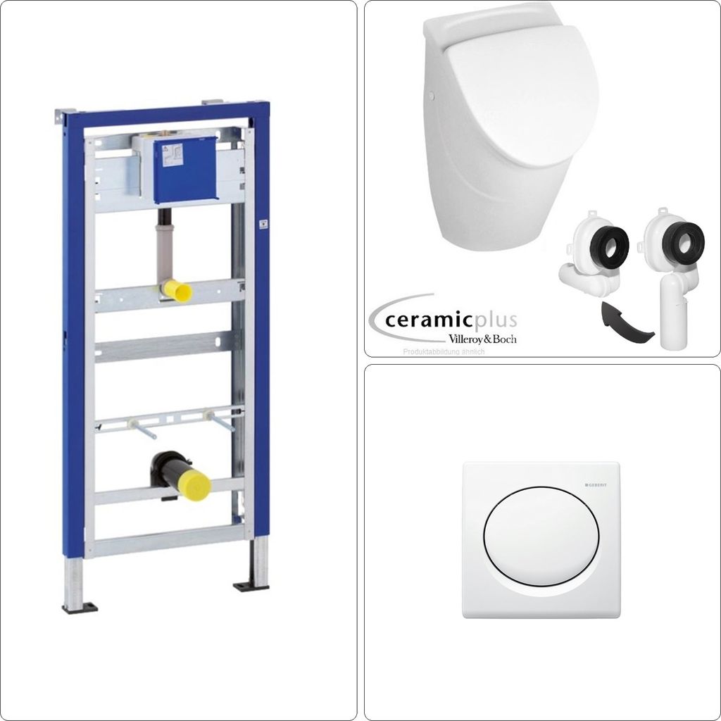 VILLEROY & BOCH O.NOVO Keramik Absaug Urinal mit CeramicPlus Beschichtung + Deckel, GEBERIT Vorwandgestell & Betätigungsplatte, weiß
