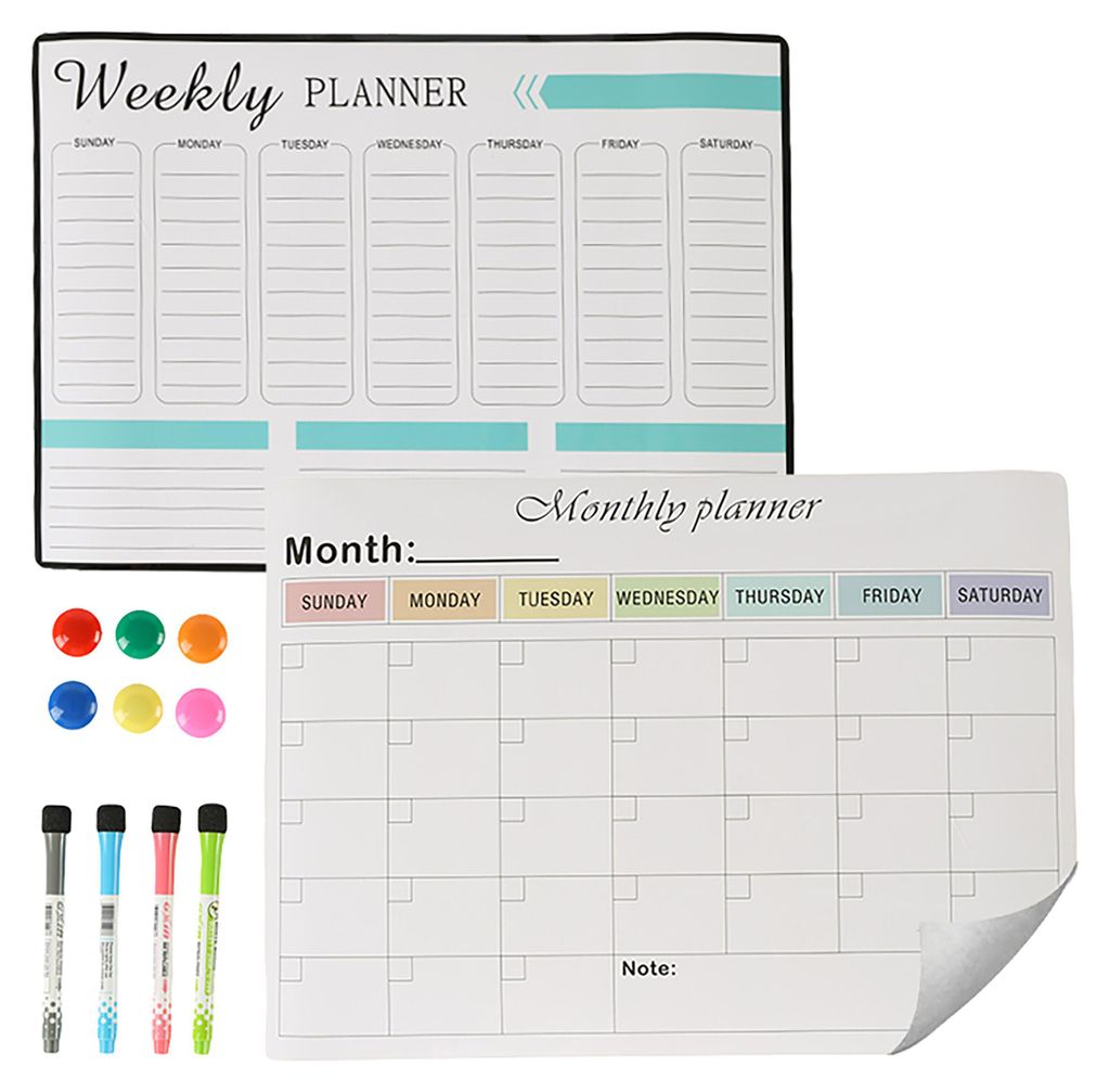 Relaxdays whiteboard voor koelkast, set met weekplanner en Productafbeelding 
