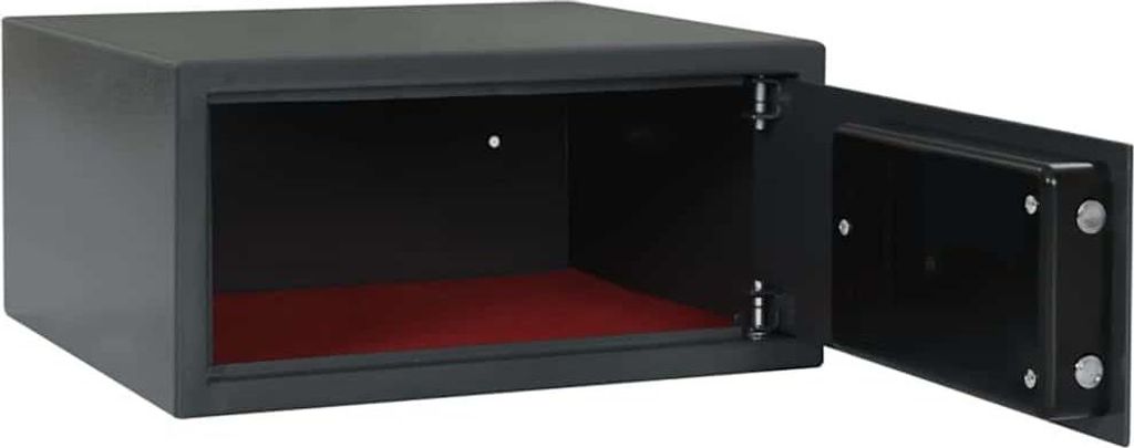 An open, empty, dark gray digital safe with a red interior lining, shown against a white background.
