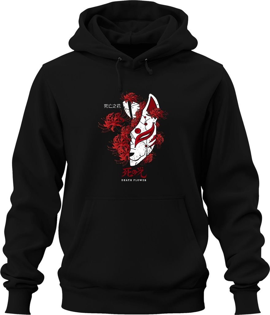 Kitsune Maske Spinnenlilie Higanbana Lycoris DEATH FLOWER retro Uni Hoodie Kapuzenpullover, Schwarz, XL