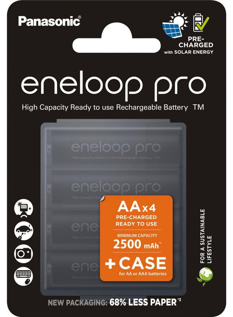 Panasonic Akku eneloop pro, Mignon AA 1,2V / 2.500mAh + Case, (4 Stück