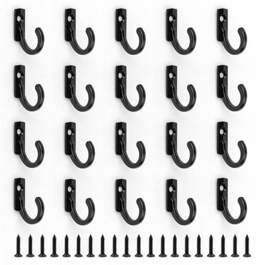 Schraubhaken 20er Set, schwarze Wandhaken, kleine Schrauben 24 x 17 mm, Zinklegierung, Einbauschraubhaken für Wände, Schlafzimmer und Küche