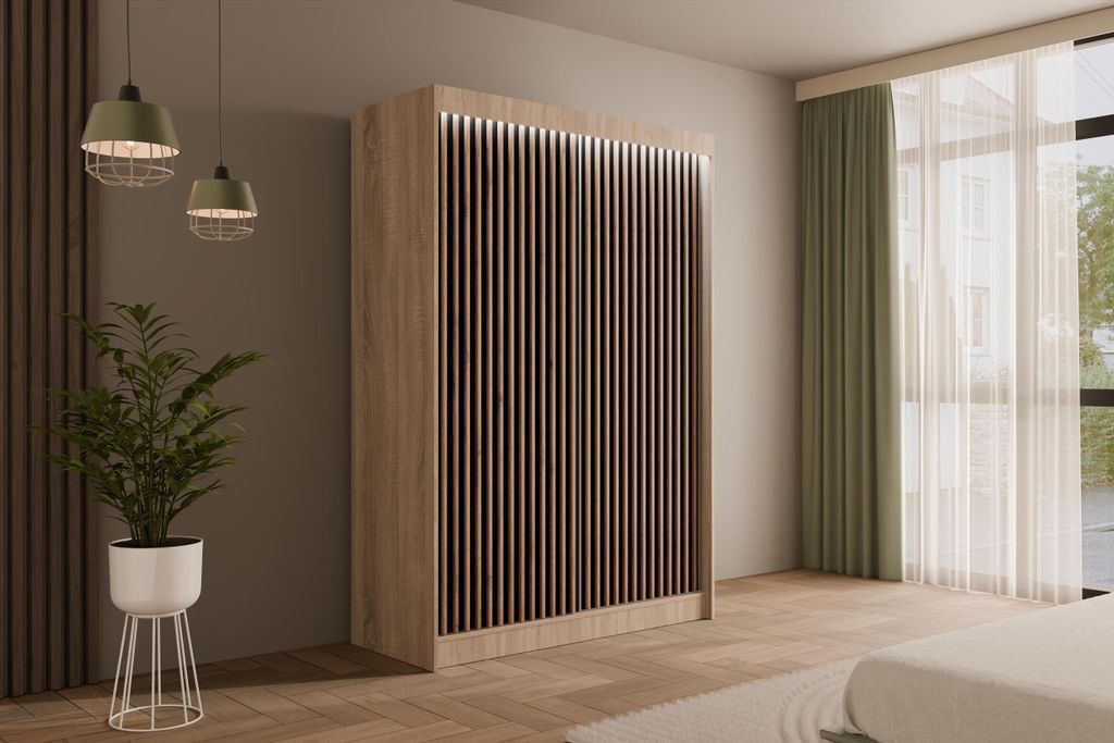 ALTDECOR Kleiderschrank mit Lamel-Schiebetüren, Führungsschienen und Aluminium- Leisten, LED-Beleuchtung und Fernbedienung - VILANv2 - 120 cm Son...