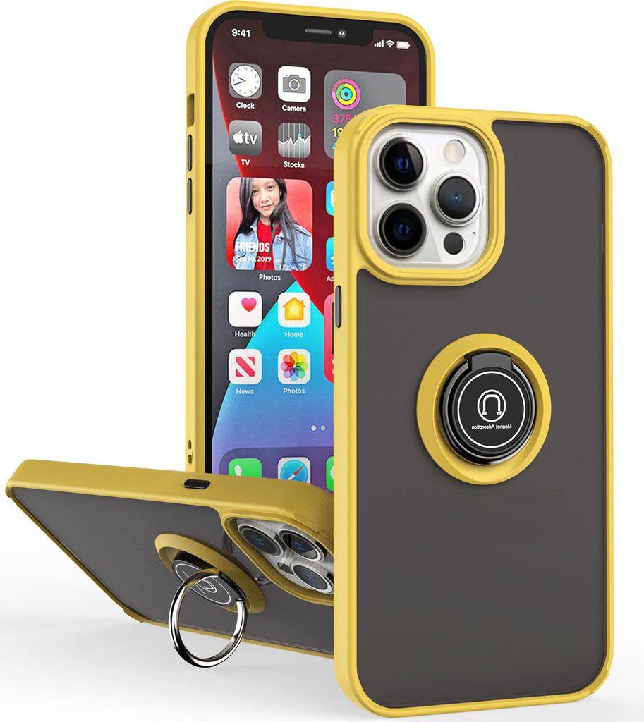 iPhone 14 Pro Hülle, Ring Halter Ständer Matte Transluzent TPU Rahmen Stoßfest Schutzhülle für iPhone 14 Pro Gelb