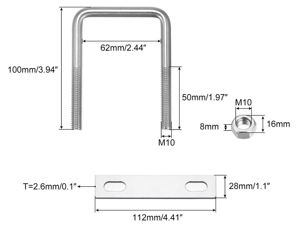 2 S?tze Quadratische U Bolzen 62mm(2.44") Innenbreite 100mm L?nge M10 304 Edelstahl U Klemmschraube mit Mutter und Platte fš¹r Bootsanh?nger