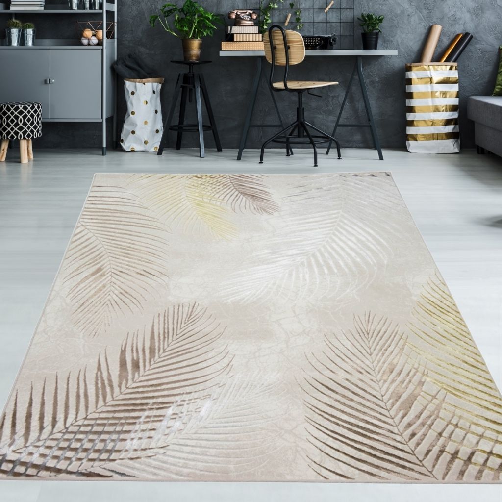 Designer Teppich Palmzweige creme grau gold Größe - 120 x 170 cm
