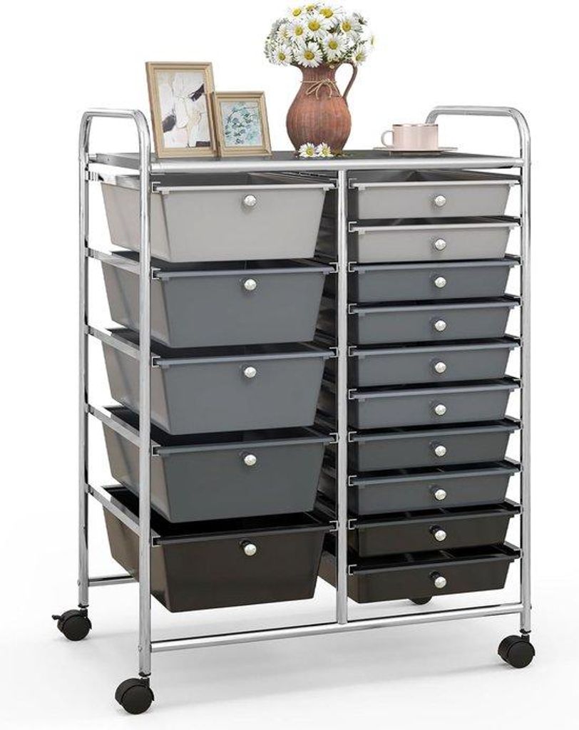 Metallischer Lagerwagen mit 15 stapelbaren Behältern, Lagercontainer mit Metallrahmen und Abstellfläche, für Büro, Wohnzimmer, 63 x 37 x 87 cm