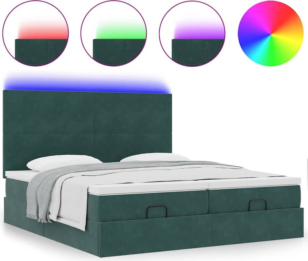 Ottoman-Bett mit Matratzen & LEDs Dunkelgrün 160x200 cm Samt